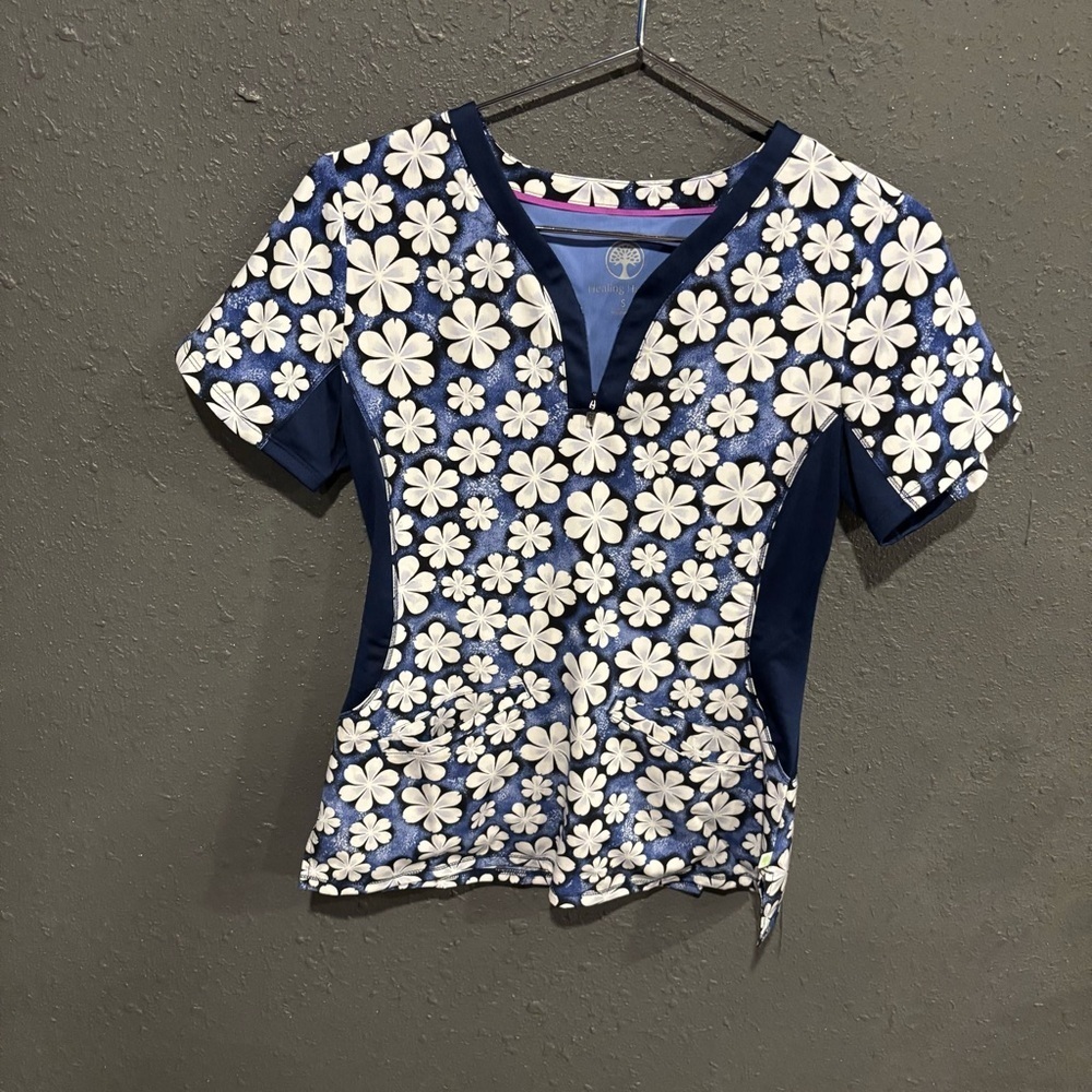 Healing Hands Floral Navy Scrub Top